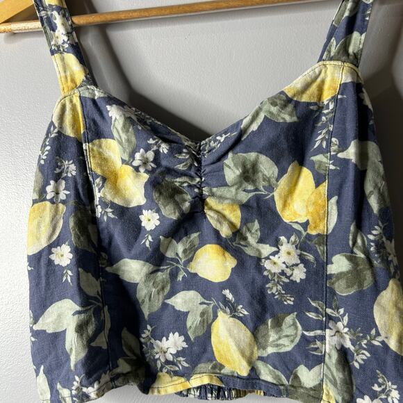 Abercrombie & Fitch Lemon Print Copped Top Women’s Medium Linen Blend Blue Chic - Picture 4 of 8